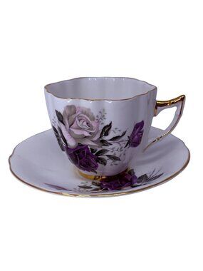 Vintage Royal London Bone China Purple Gold Rose Teacup Saucer England Imperfect